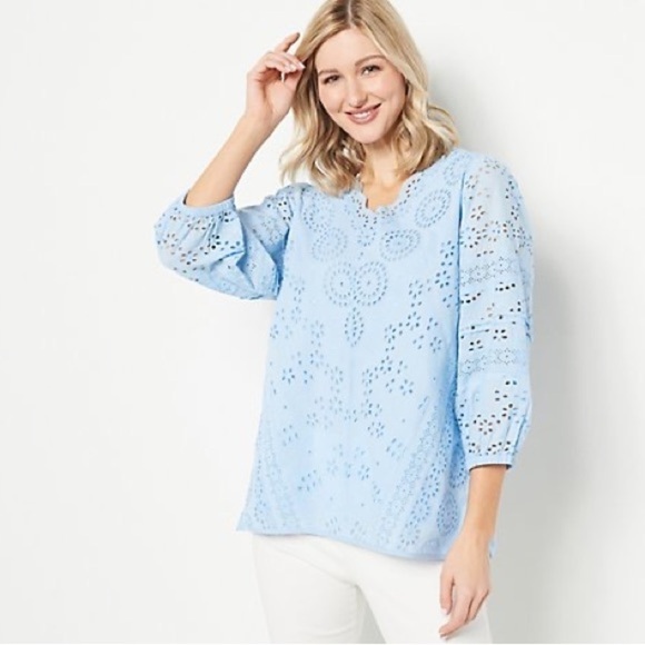 Anthropologie Tolani Collection Long Sleeve Eyelet Top - Picture 1 of 7